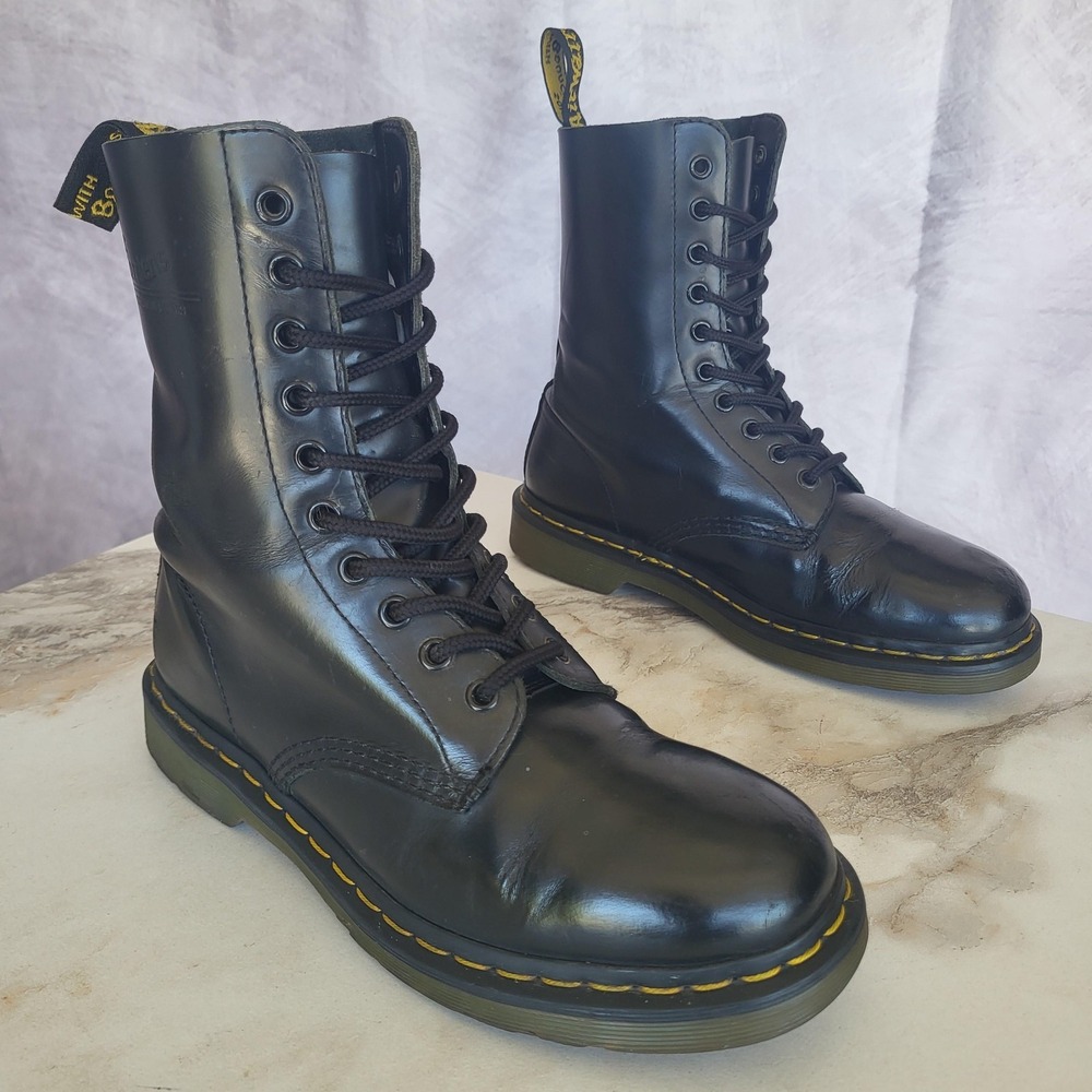 Dr Martens 1490 Boots Womens Size 8 Black Leather Lace Up Mid Calf